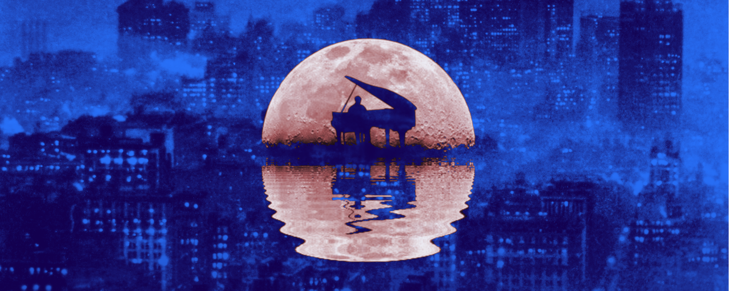 Fondo azul simulando cielo y agua con edificios, luna en el medio y adentro de ella hay un hombre tocando un piano