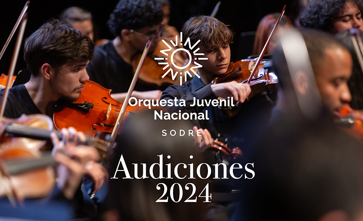 Músicos con sus instrumentos y por arriba está el logo de la Orquesta Juvenil del Sodre y abajo dice "Audiciones 2024"